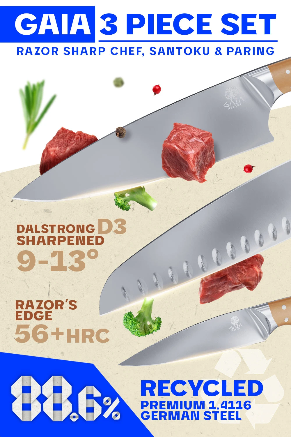 3-Piece Knife Set | Chef - Santoku - Paring | Sustainable And Earth-friendly Material | Gaia Series | Dalstrong © 4 3-Piece Knife Set | Chef - Santoku - Paring | Sustainable And Earth-friendly Material | Gaia Series | Dalstrong © - Image 2