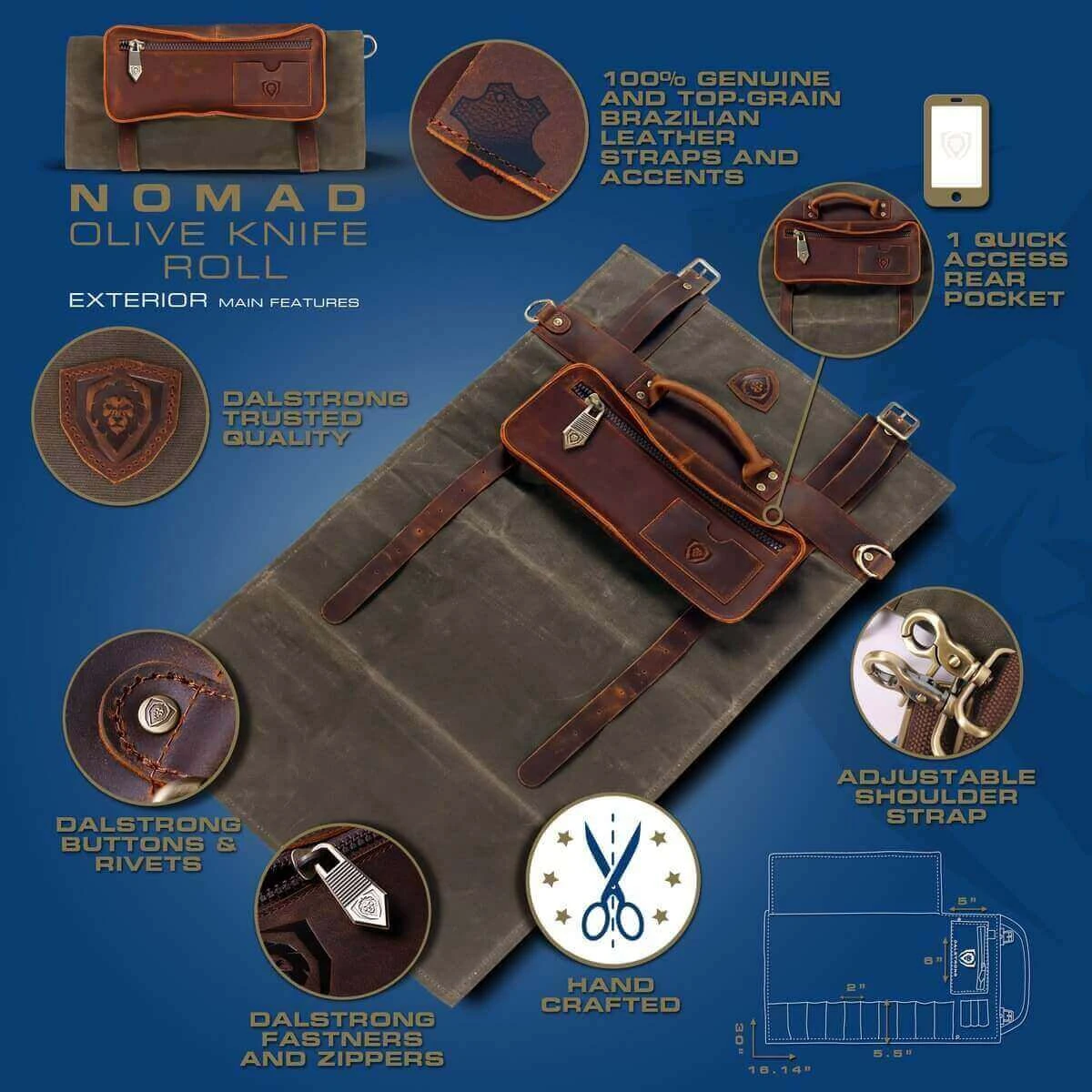 12oz Heavy Duty Canvas & Leather | Army Green | Nomad Knife Roll | Dalstrong © 6 12oz Heavy Duty Canvas & Leather | Army Green | Nomad Knife Roll | Dalstrong © - Image 4