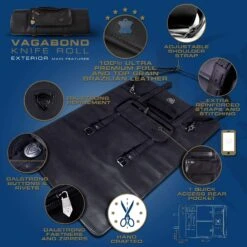 Midnight Black | Full Grain Leather | Vagabond Knife Roll | Dalstrong © -Dalstrong VAGABOND Black Knife Roll image listing 2